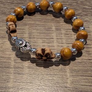 Wooden Bead Bracelet with Silver Accents